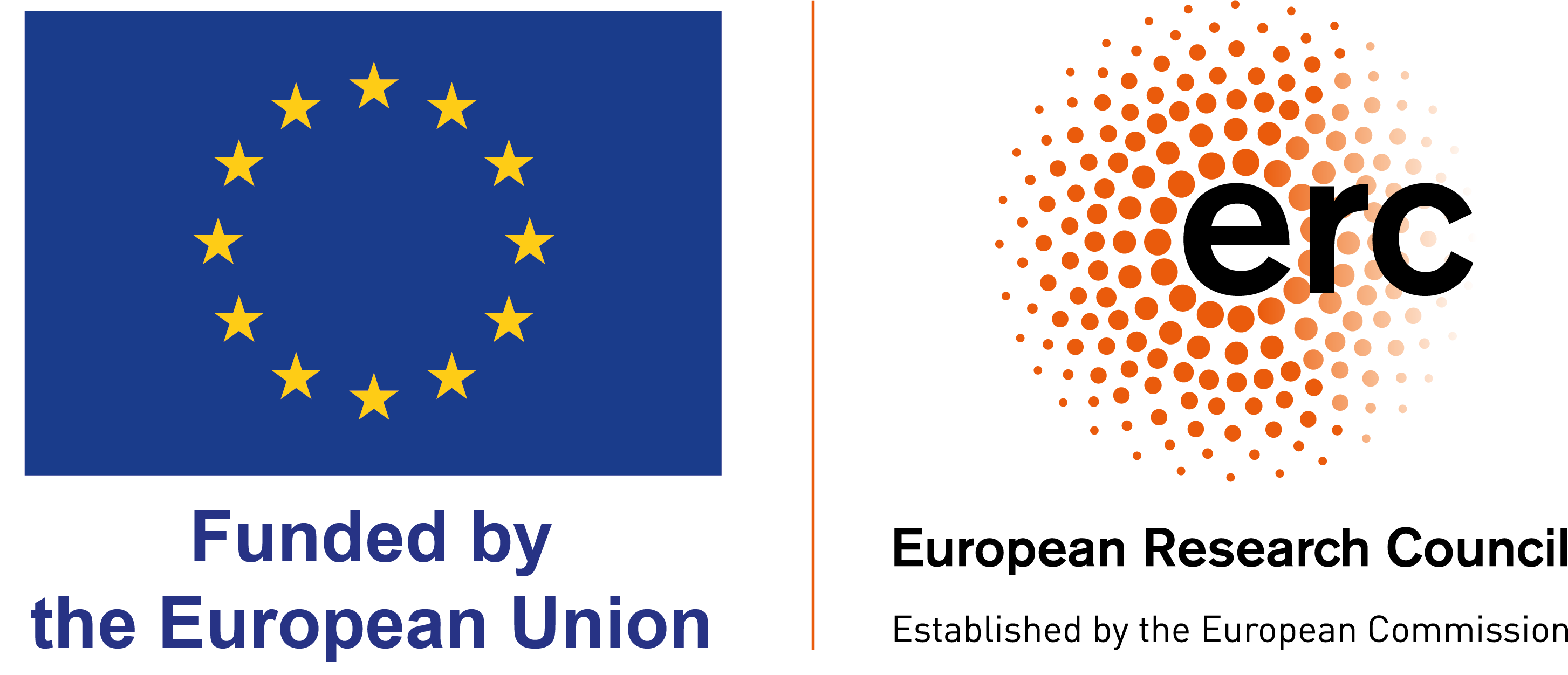 Europaflagge mit zwölf gelben Sternen auf blauem Grund neben einem orange-schwarzen ERC-Logo mit Pixelmuster und dem Text 'Funded by the European Union'