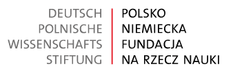 Zwei Textblöcke getrennt durch eine rote senkrechte Linie: links: DEUTSCH POLNISCHE WISSENSCHAFTS STIFTUNG, rechts: POLSKO NIEMIECKA FUNDACJA NA RZECZ NAUKI