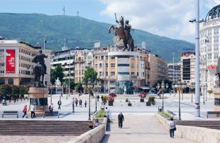 Makedonija Square in Skopje with a monumental equestrian statue of a »Warrior on a Horse«