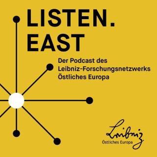 Grafik mit gelbem Hintergrund, schwarzem Liniennetz mit Punkten und Text 'LISTEN. EAST Der Podcast des Leibniz-Forschungsnetzwerks Östliches Europa' sowie handschriftlichem Schriftzug 'Leibniz Östliches Europa'.
