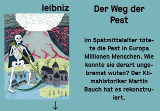 Illustration eines Skeletts mit Sense vor einer mittelalterlichen Stadt und roten Linien, daneben Text über die Pest im Spätmittelalter und den Klimahistoriker Martin Bauch.