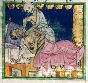 Eine skelettartige Gestalt würgt eine auf einem Bett liegende, von einer Decke bedeckte Person in einer mittelalterlichen Buchillustration mit blauem Hintergrund und goldener Bordüre
