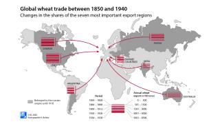 Entwicklung der Anteile einzelner Weizen exportierender Weltregionen am Welthandel 1850-1940 © IfL 2020: Kartographie K. Bolanz