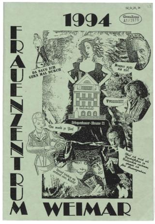 Schwarz-weiße Graphik mit dem Schriftzug 'FRAUENZENTRUM WEIMAR' und dem Jahr '1994', mehreren Frauenfiguren, einem Haus mit der Aufschrift 'Schopenhauer-Straße 21' und verschiedenen Sprechblasen mit Texten.
