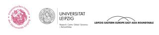 Drei Logos nebeneinander: links das runde Logo des Ostasiatischen Instituts der Universität Leipzig mit Drachenmotiv, in der Mitte das runde Logo der Universität Leipzig mit Schriftzug und rechts der Schriftzug 'LEIPZIG EASTERN EUROPE EAST ASIA ROUNDTABLE' in Großbuchstaben.