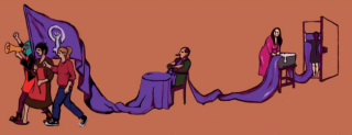 Ilustrace zobrazující skupinu feministických aktivistek nesoucích fialový prapor, který se táhne přes scénu: prochází kolem muže sedícího u stolu a pokračuje k ženě vykonávající neplacenou domácí práci u dřezu.