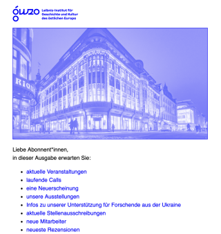 Screenshot des Newsletters: Stadtansicht eines historischen Gebäudes mit Beleuchtung. Text auf der Seite: 'Liebe Abonnent*innen, in dieser Ausgabe erwarten Sie: aktuelle Veranstaltungen, laufende Calls, eine Neuerscheinung, ...'