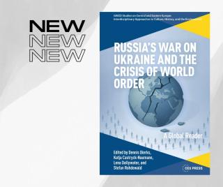 Buchcover mit dem Titel 'RUSSIA'S WAR ON UKRAINE AND THE CRISIS OF WORLD ORDER' und einer zerbrochenen Weltkugel, daneben der Schriftzug 'NEW' dreimal übereinander.