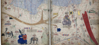 Ausschnit des Historische Weltkarte, Catalan Atlas von 1375, mit zahlreichen Flaggen, Figuren und dekorativen Elementen.