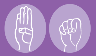 Abbildung zu Hilfe-Handzweichen häusliche Gewalt. Zwei weiße Handgesten auf lila Hintergrund: links offene Hand mit Daumen auf der Handfläche, rechts geschlossene Faust.