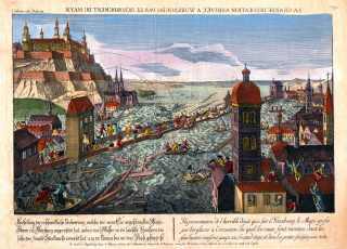 Guckkastenbild des Hochwassers von 1784 in Würzburg. Stadtarchiv Würzburg, Karten und Pläne B 88, gemeinfrei.