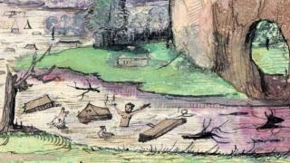 Historische Zeichnung einer Flut mit überschwemmten Gebäuden, Menschen im Wasser und treibenden Gegenständen