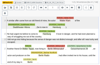 Screenshot einer Textdatei mit farblich markierten Entitäten wie Personen, Organisationen und Orten aus einer Zeugenaussage zum Holocaust, dargestellt in einer Softwareoberfläche mit Steuerungselementen oben links