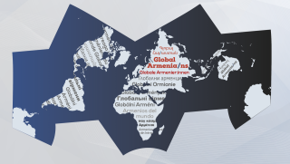 Weltkarte mit dem hervorgehobenen Text 'Global Armenia/ns' und dem Begriff 'Globale Armenier:innen' in mehreren Sprachen.