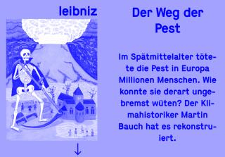 Illustration eines Skeletts mit Sense vor einer mittelalterlichen Stadt und roten Linien, daneben Text über die Pest im Spätmittelalter und den Klimahistoriker Martin Bauch.