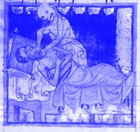 Eine skelettartige Gestalt würgt eine auf einem Bett liegende, von einer Decke bedeckte Person in einer mittelalterlichen Buchillustration mit blauem Hintergrund und goldener Bordüre