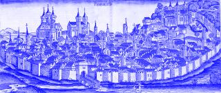 Ansicht der Stadt Erfurt mit Stadtmauer, zahlreichen roten Dächern und mehreren Kirchen, darunter eine große Kathedrale, aus der Weltchronik des Hartmann Schedel von 1493