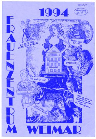 Schwarz-weiße Graphik mit dem Schriftzug 'FRAUENZENTRUM WEIMAR' und dem Jahr '1994', mehreren Frauenfiguren, einem Haus mit der Aufschrift 'Schopenhauer-Straße 21' und verschiedenen Sprechblasen mit Texten.