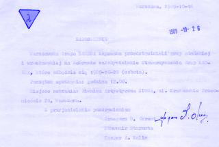 Schwarz-weiße Einladung zum Gründungstreffen der Vereinigung der Lambda-Gruppen, getipptes polnisches Telegramm, handschriftliche Unterschriften, oben links rosa Dreieck mit Lambda-Symbol.