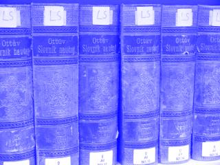 Die Buchrücken von sechs alten Bänden, auf denen Ottův slovník naučný steht