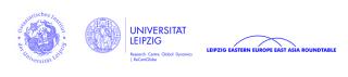 Drei Logos nebeneinander: links das runde Logo des Ostasiatischen Instituts der Universität Leipzig mit Drachenmotiv, in der Mitte das runde Logo der Universität Leipzig mit Schriftzug und rechts der Schriftzug 'LEIPZIG EASTERN EUROPE EAST ASIA ROUNDTABLE' in Großbuchstaben.
