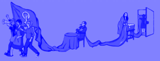 Illustration: Mehrere Personen tragen ein langes, violettes Banner mit weißem feministischen Symbol, eine Person sitzt an einem Tisch, eine andere verlängert das Banner.