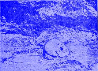 Schwarz-weiße Aufnahme eines menschlichen Schädels, der teilweise im Boden vergraben liegt, umgeben von Erdschichten.