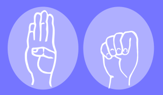 Abbildung zu Hilfe-Handzweichen häusliche Gewalt. Zwei weiße Handgesten auf lila Hintergrund: links offene Hand mit Daumen auf der Handfläche, rechts geschlossene Faust.