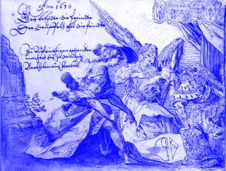 Die lavierte Zeichnung von Bartholomäus Strobel zeigt eine Allegorie auf die freien Künste während des Dreißigjährigen Krieges. Aus dem Stammbuch von Heinrich Böhm (1636), Schlossbibliothek Kórnik (PL)