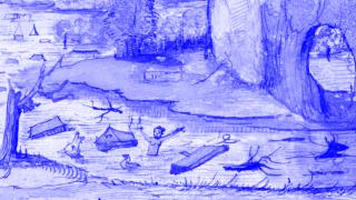 Historische Zeichnung einer Flut mit überschwemmten Gebäuden, Menschen im Wasser und treibenden Gegenständen
