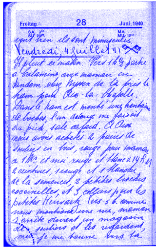 Handschriftliche Tagebuchseite mit der Überschrift Freitag, 28. Juni 1940, mit französischem Text in kursiver Schrift auf weißem Papier.