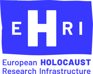Logo mit den Buchstaben 'EHRI' in Großbuchstaben auf einem rechteckigen Hintergrund und darunter der Text 'European HOLOCAUST Research Infrastructure'