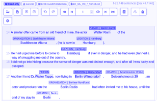 Screenshot einer Textdatei mit farblich markierten Entitäten wie Personen, Organisationen und Orten aus einer Zeugenaussage zum Holocaust, dargestellt in einer Softwareoberfläche mit Steuerungselementen oben links