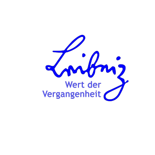Blaues Logo mit dem Text 'Wert der Vergangenheit'. Leibniz in Schreibschrift darüber.