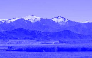 Blick auf den Oberlauf des Ertis-Flusses mit Schilf und Bergen im Hintergrund, einige Gipfel schneebedeckt.