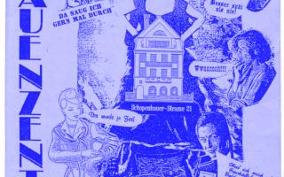 Schwarz-weiße Graphik mit dem Schriftzug 'FRAUENZENTRUM WEIMAR' und dem Jahr '1994', mehreren Frauenfiguren, einem Haus mit der Aufschrift 'Schopenhauer-Straße 21' und verschiedenen Sprechblasen mit Texten.