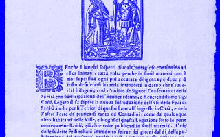Schwarz-weiße historische Druckseite mit dem Titel 'AVVISO PER CAUSA DI SANITA' und einer Illustration von zwei Figuren.