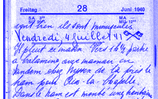 Handschriftliche Tagebuchseite mit der Überschrift Freitag, 28. Juni 1940, mit französischem Text in kursiver Schrift auf weißem Papier.
