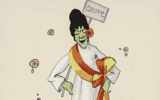 Karikatur einer Frau mit grüner Haut, die ein weißes Kleid und eine gelbe Schleife trägt. Sie hält ein Schild mit der Aufschrift 'GRIPPE' und steht vor einer rosa Blume.