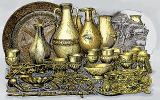 Precious metal finds from Malaja Pereščepina. Illustration from Рыбаков Б.А. Анты и Киевская Русь. В: Вестник древней истории 1939 г. №1. С. 319–337, Рисунок 3, С. 331.