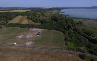 Keszthely-Fenékpuszta,  Late Antique castrum on the banks of Lake Balaton during the excavations of 2017 (drone image). Photo: Klaus Cappenberg