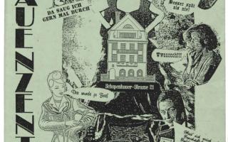 Schwarz-weiße Graphik mit dem Schriftzug 'FRAUENZENTRUM WEIMAR' und dem Jahr '1994', mehreren Frauenfiguren, einem Haus mit der Aufschrift 'Schopenhauer-Straße 21' und verschiedenen Sprechblasen mit Texten.