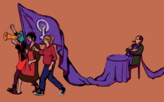 Illustration: Mehrere Personen tragen ein langes, violettes Banner mit weißem feministischen Symbol, eine Person sitzt an einem Tisch, eine andere verlängert das Banner.