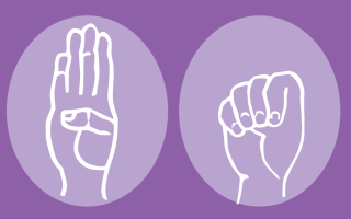 Abbildung zu Hilfe-Handzweichen häusliche Gewalt. Zwei weiße Handgesten auf lila Hintergrund: links offene Hand mit Daumen auf der Handfläche, rechts geschlossene Faust.