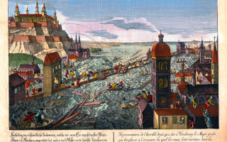 Guckkastenbild des Hochwassers von 1784 in Würzburg. Stadtarchiv Würzburg, Karten und Pläne B 88, gemeinfrei.