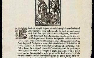 Schwarz-weiße historische Druckseite mit dem Titel 'AVVISO PER CAUSA DI SANITA' und einer Illustration von zwei Figuren.